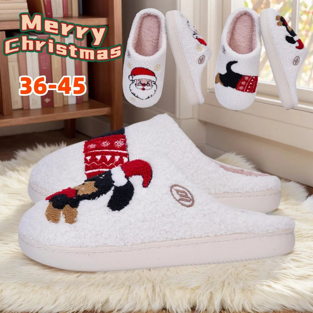 Christmas Women Slippers Cute Dachshund Santa Claus Winter Warm Slides Couple House Shoes Bedroom Anti Slip Flat Sole Slippers