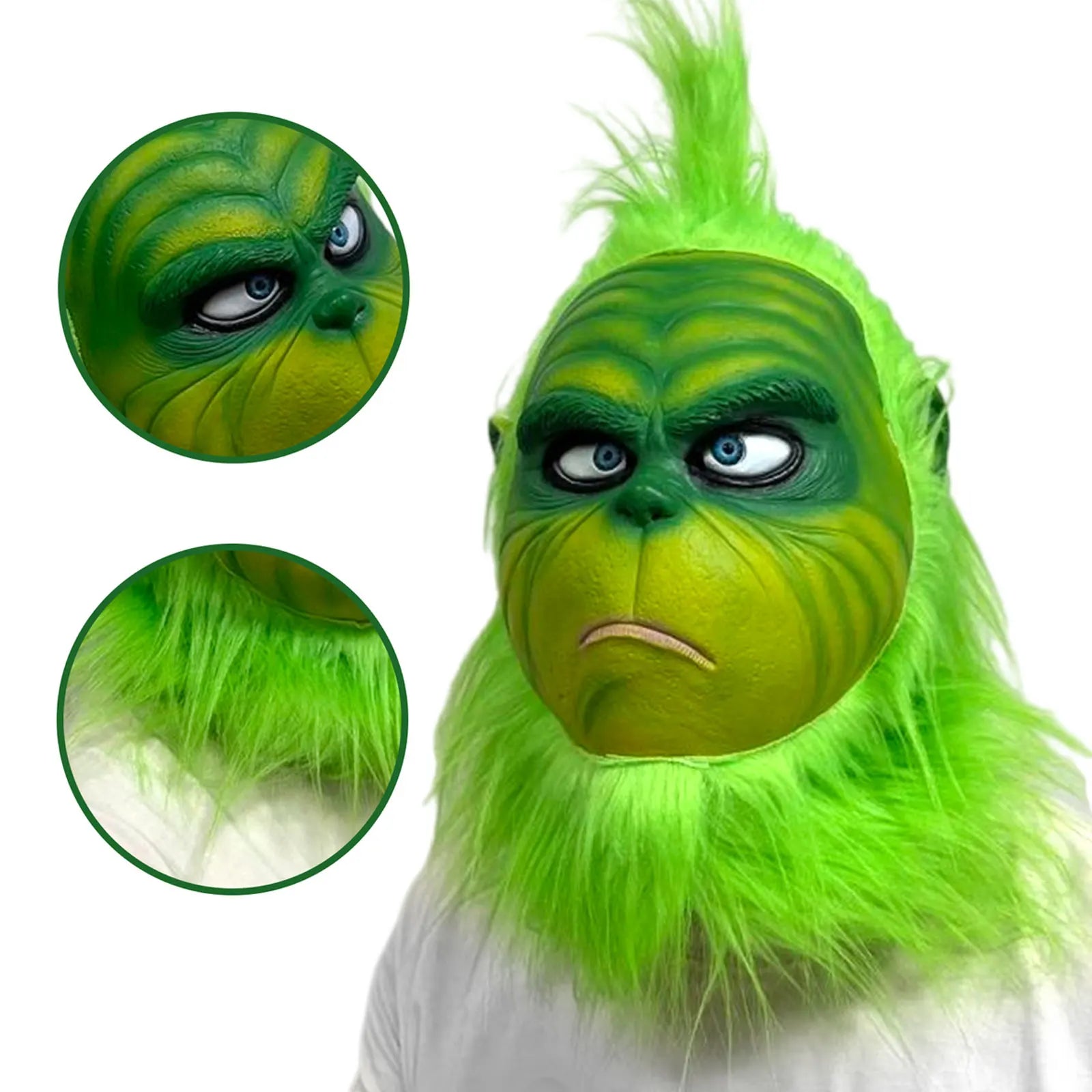 Latex Grinch Mask Christmas New Green Monster Mask Cartoon Costume Christmas Internet Celebrity Green Long Hair Grinch Mask Hat