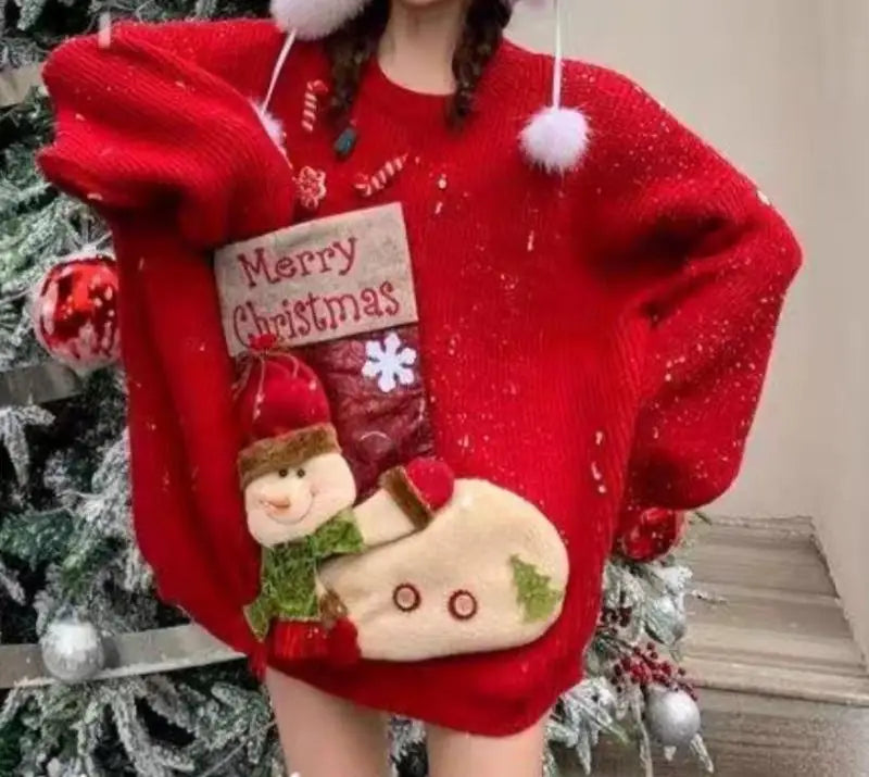 Christmas Sweater Woman Winter Keep Warm Tops Soft Sticky Round Neck Kawaii Student Knitwear Lazy Good-Looking New Year Pullover