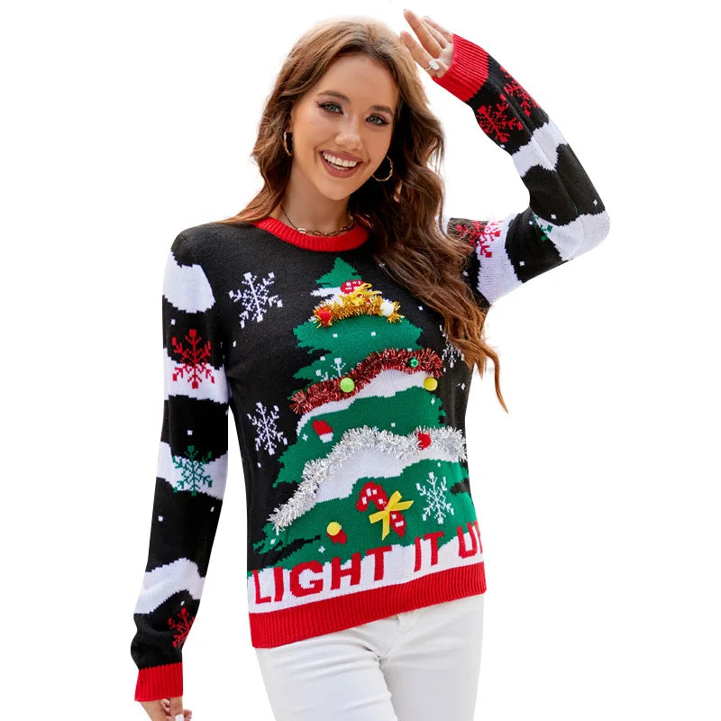 2025 Christmas Sweater Women Men, Xmas Tree Embroidery Knit Sweater, Casual Holiday Party Pullover, Funny Xmas Gift