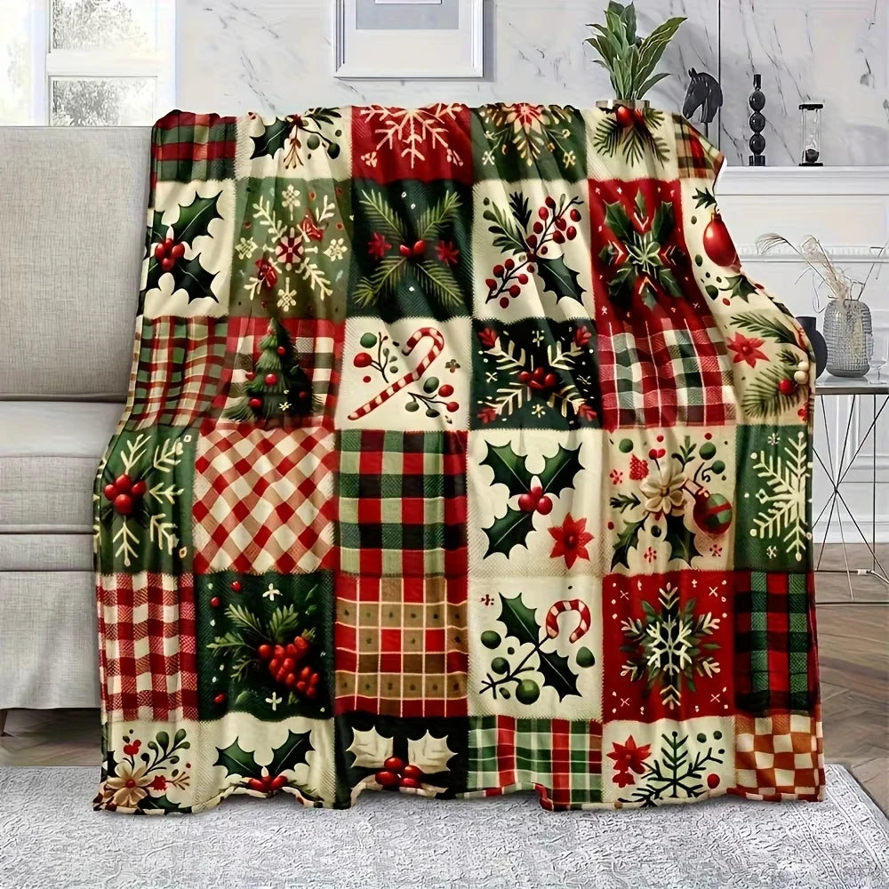 Christmas Blanket with Festive Snowflakes Holly Berries and Plaid Patches Perfect for Living Room Leisure