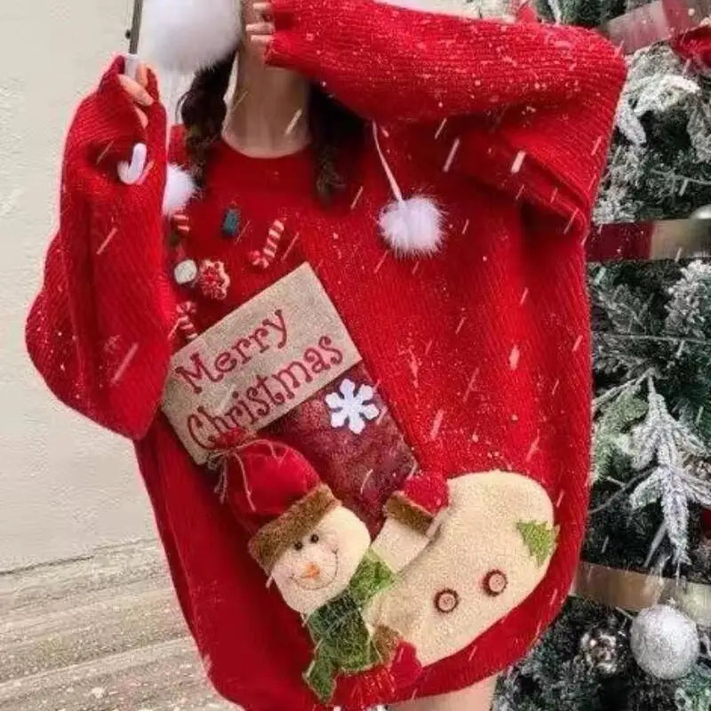 Christmas Sweater Woman Winter Keep Warm Tops Soft Sticky Round Neck Kawaii Student Knitwear Lazy Good-Looking New Year Pullover
