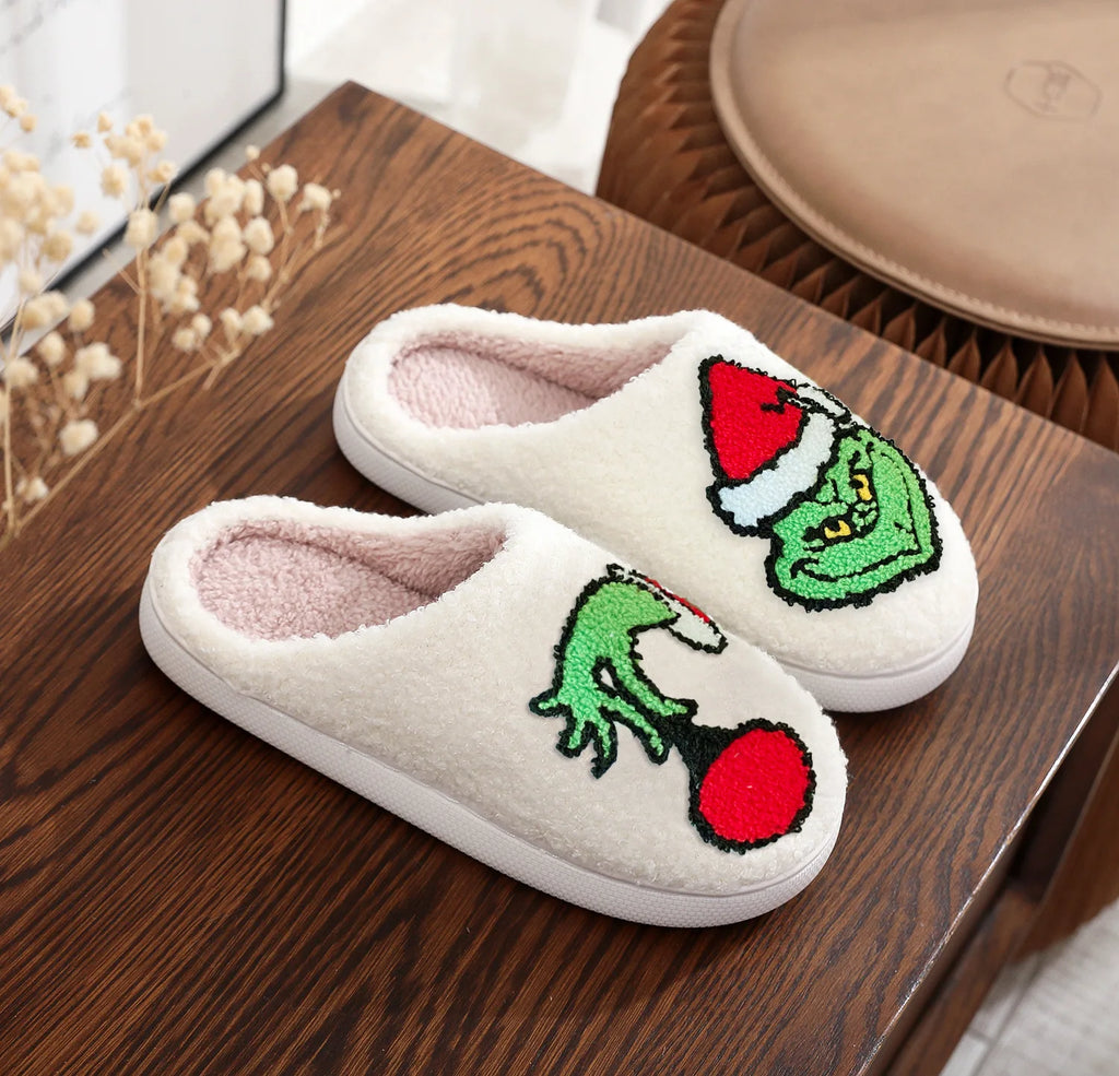 Christmas Bestseller: Grinch Cotton Slippers for Men and Women - Winter Fleece-Lined House Slippers